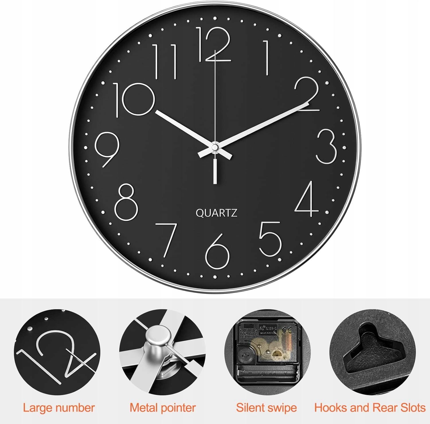 Zegar Ścienny 30cm Uootach Cichy Mechanizm Czarny Srebrny Nowoczesny