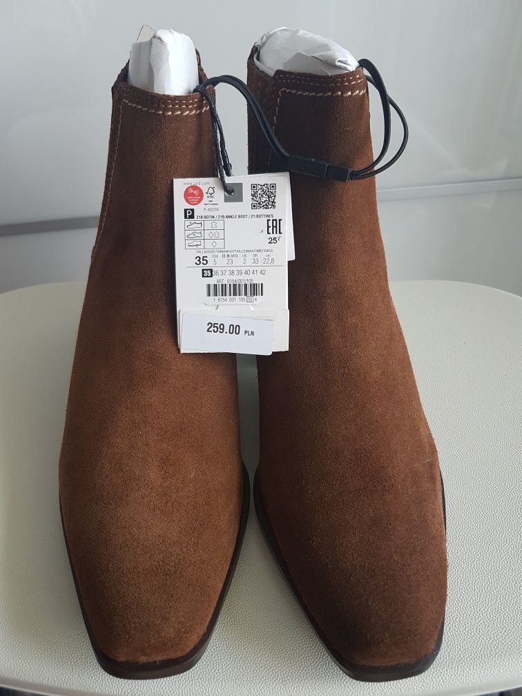 ZARA nowe botki kowbojki, SKÓRA, zamsz, r. 35 w cenie zakupu!