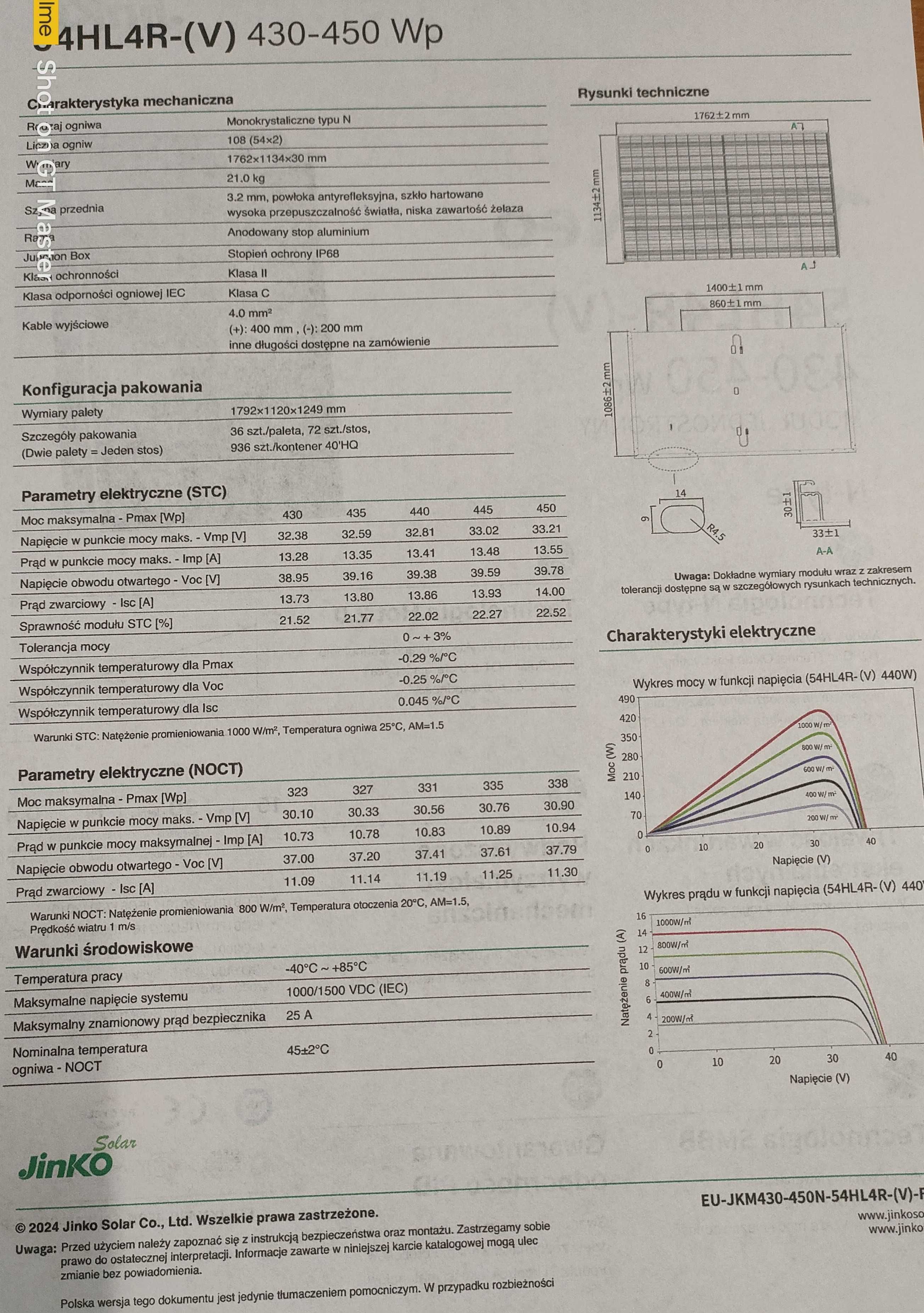 Panel moduł fotowoltaiczny JKM445N-54HL4R-V-F5 Jinko 445W 1134x1762mm.