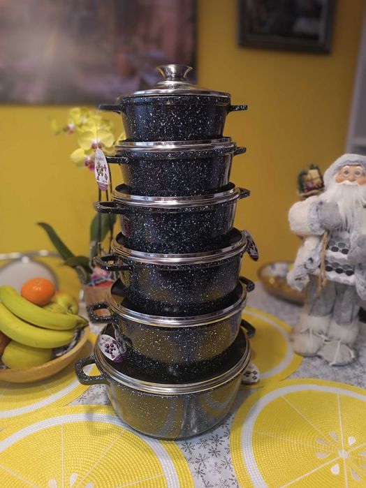 Zestaw garnków marmurowych 12 elementów na gaz, indukcję - NOWE!