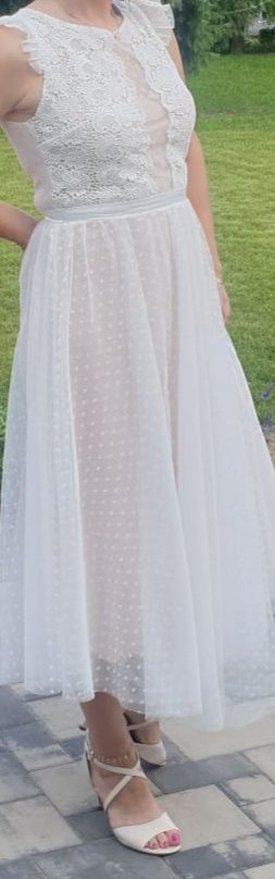 Sukienka 38 beżowo biała koronka BOHO chrzest, komunia, ślub