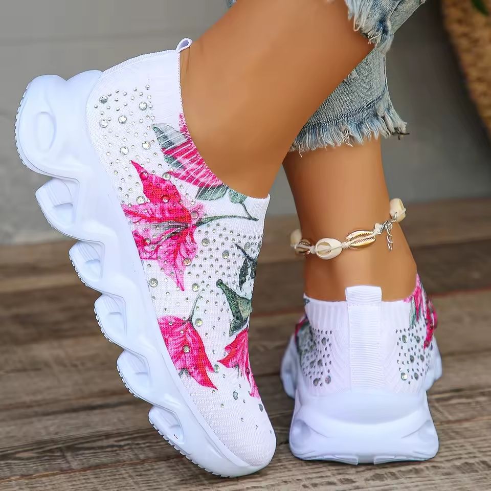 Wsuwane sneakersy w kwiaty z kryształkami r. 39 25cm siateczkowe
