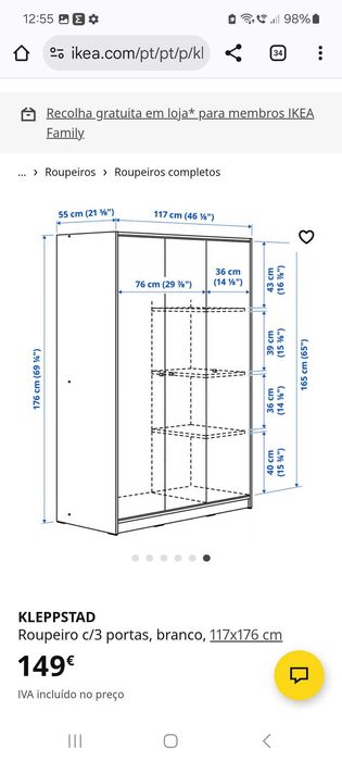 Vendo roupeiro 3 portas Branco Ikea KLEPPSTAD