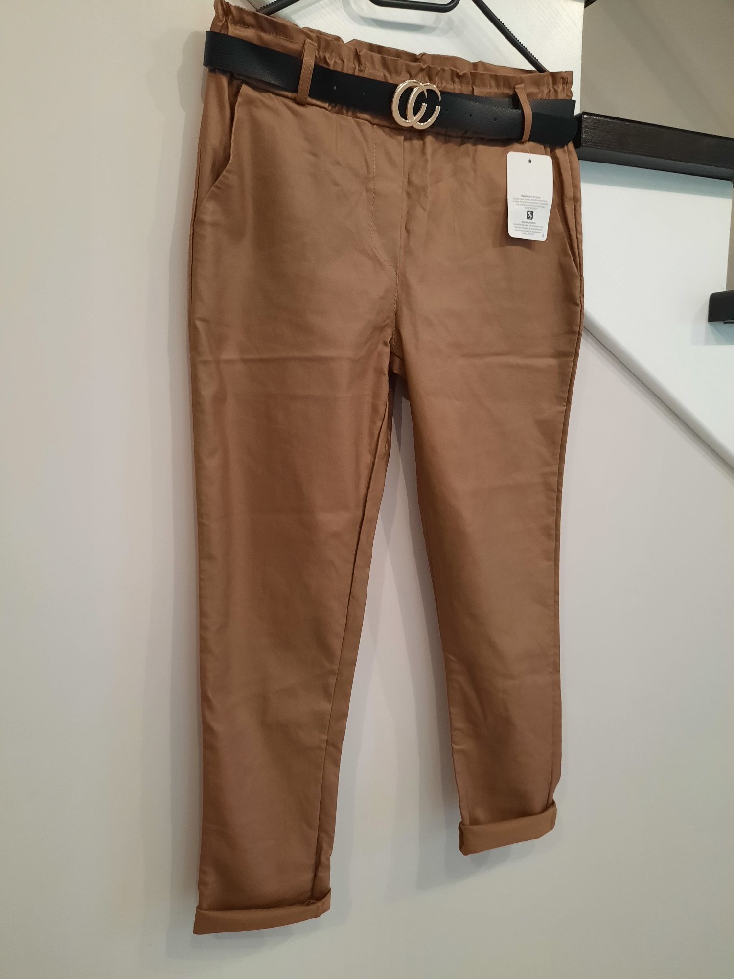 Super wysokogatunkowe spodnie woskowane Italy moda elastyczne z paskie