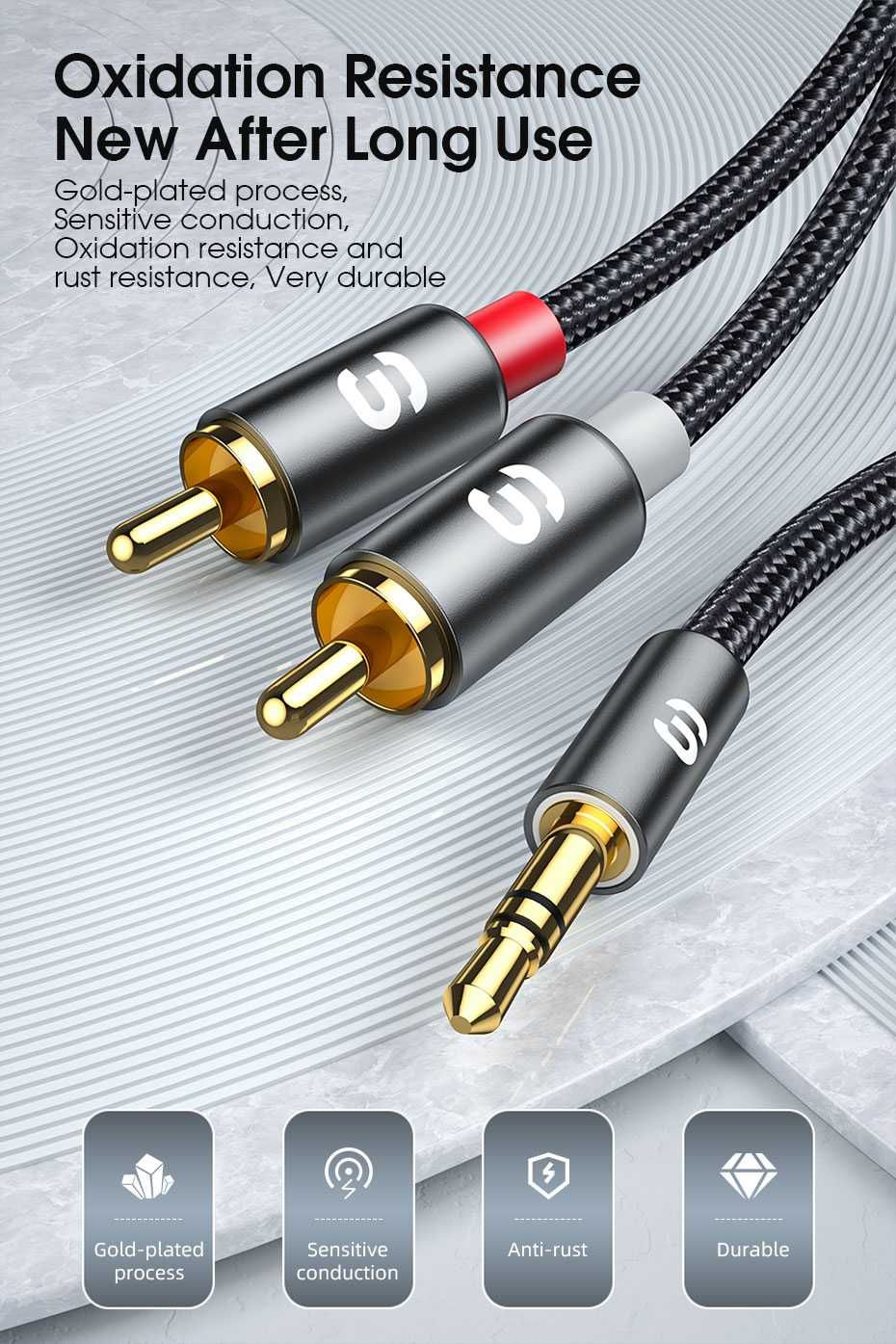 Аудіокабель ESSAGER jack 3.5 мм 2RCA(500см)