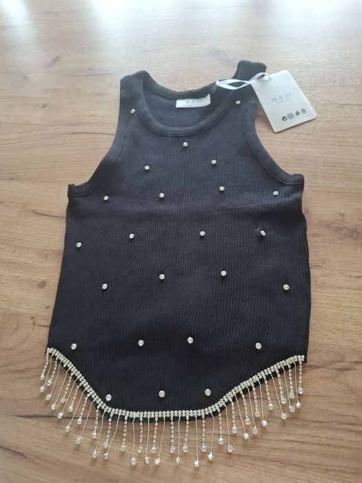 Błyszczący czarny top z perełkami M idealny na randkę lub imprezę