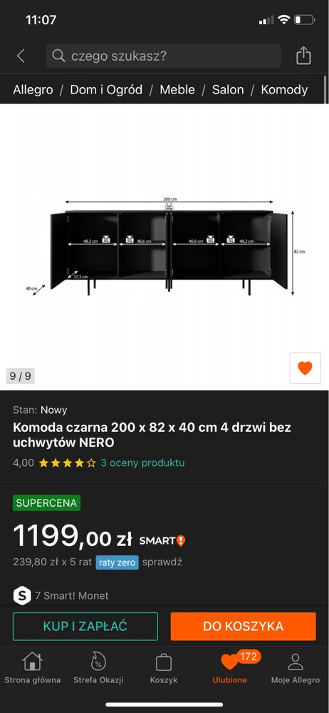 Czarna komoda 200 cm 4 drzwi stan idealny
