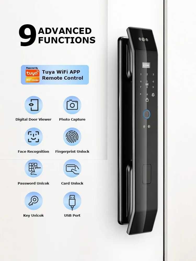 Smart zamek elektroniczny wideodomofon WIFI Tuya kamera twarz kod RFID