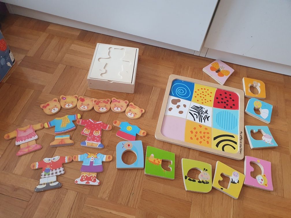 Drewnane zabawki układanki dla dziewczynki misia i zwierzeta