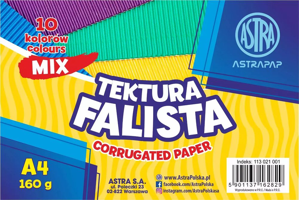 Tektura falista A4, 10 kolorów. Astra