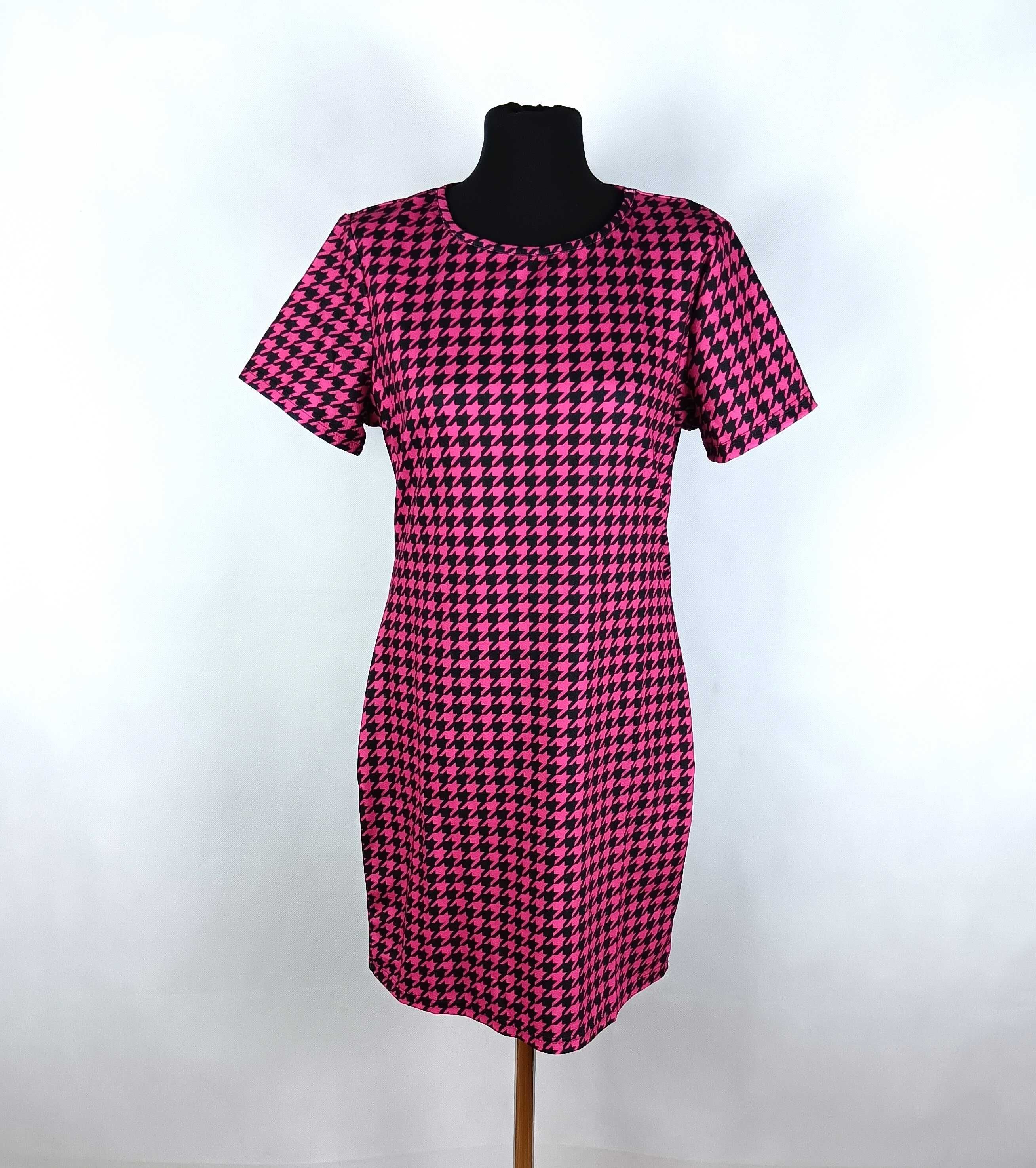 Nowa różowo czarna wzorzysta sukienka z krótkim rękawem rozmiar L/40
