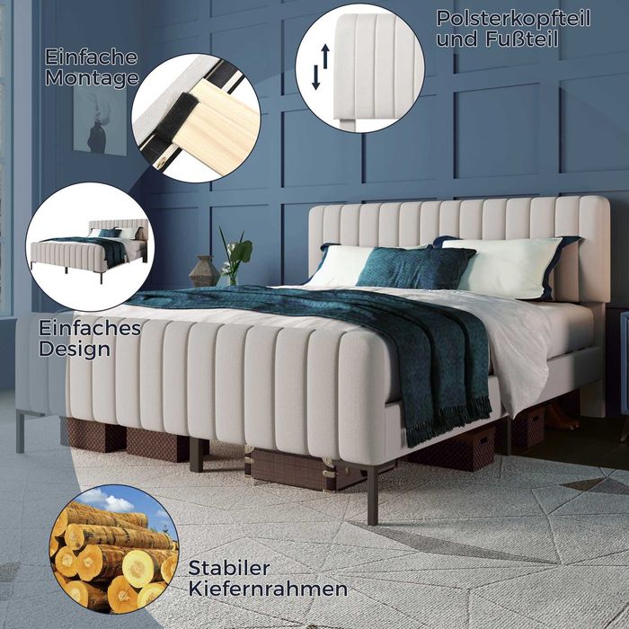 Łóżko tapicerowane, do sypialni, lniane, beżowe 180 cm x 200 cm