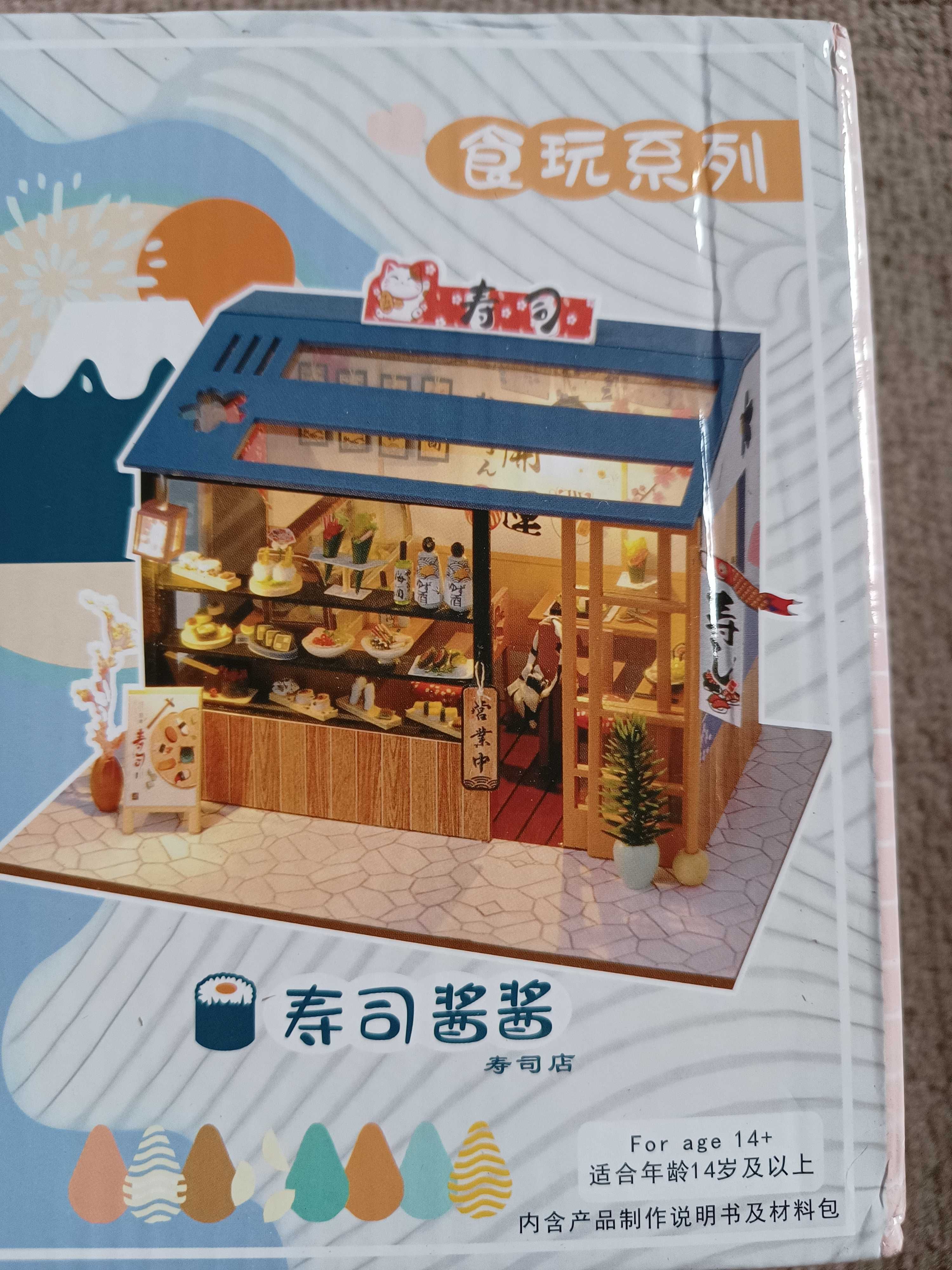 Diy Mini drewniany domek sushi z zestawem oświetlenia mebli