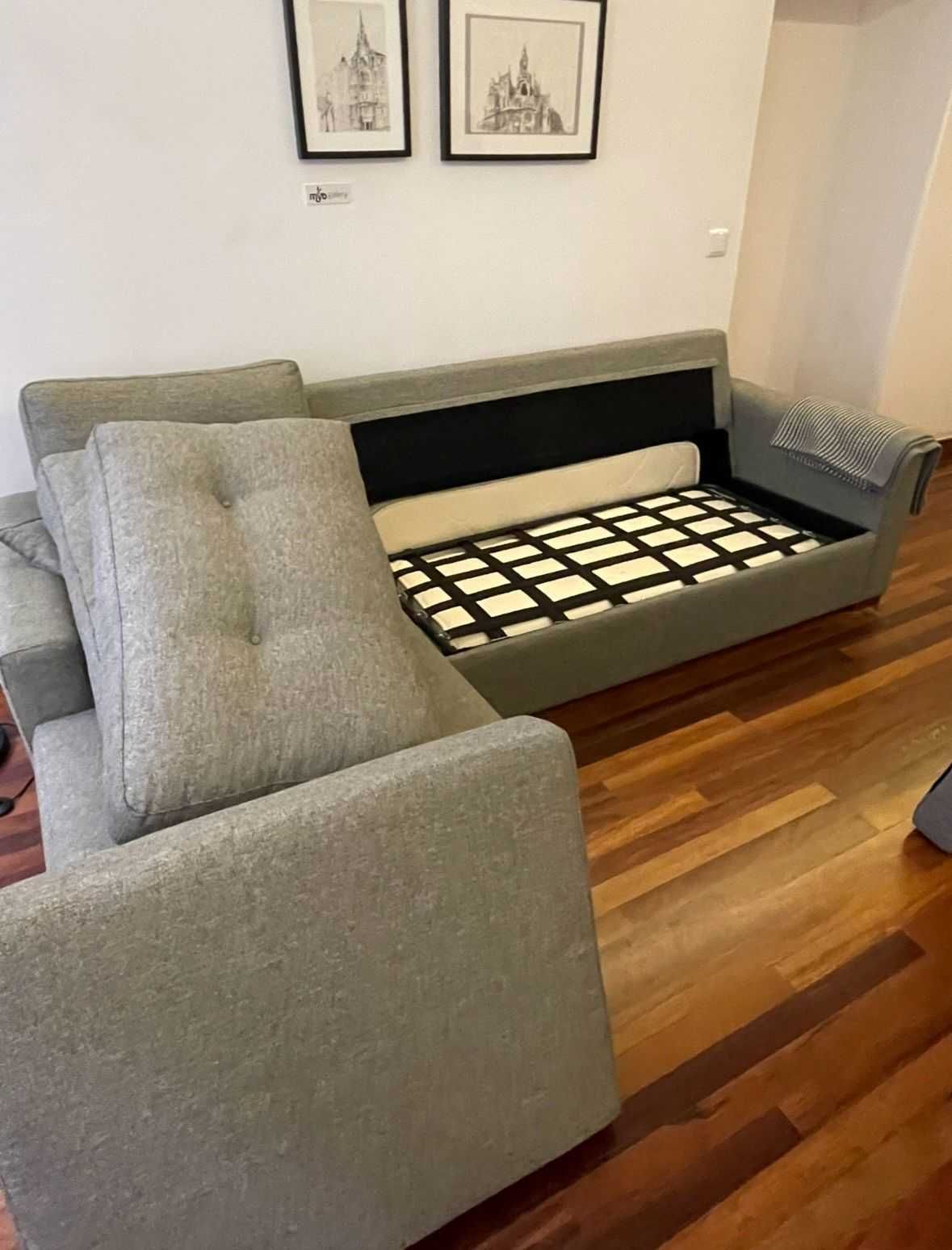 Sofá Cinzento com Chaise Longue – Como Novo | Vira-Cama + Arrumação