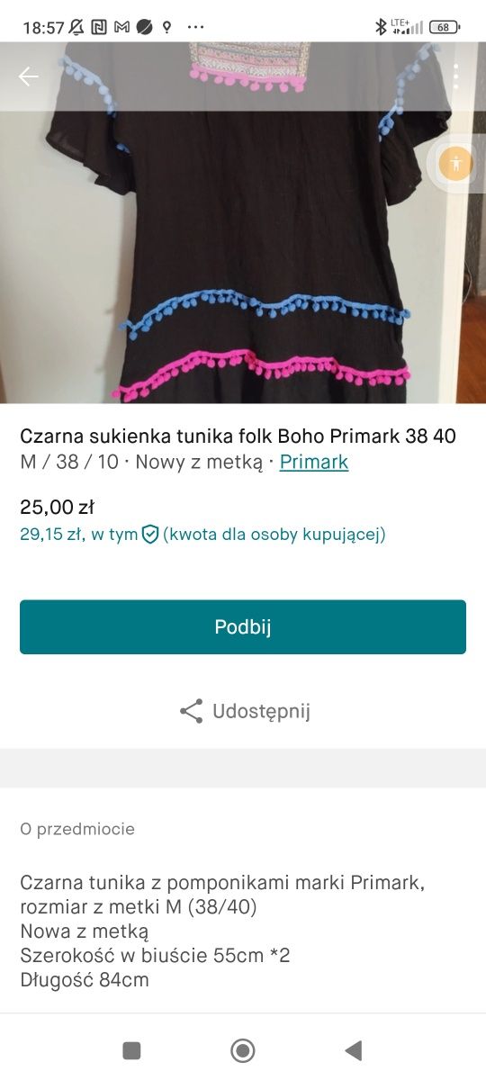 Czarna tunika hafty haftowana boho folk nowa 38 40 Primark
