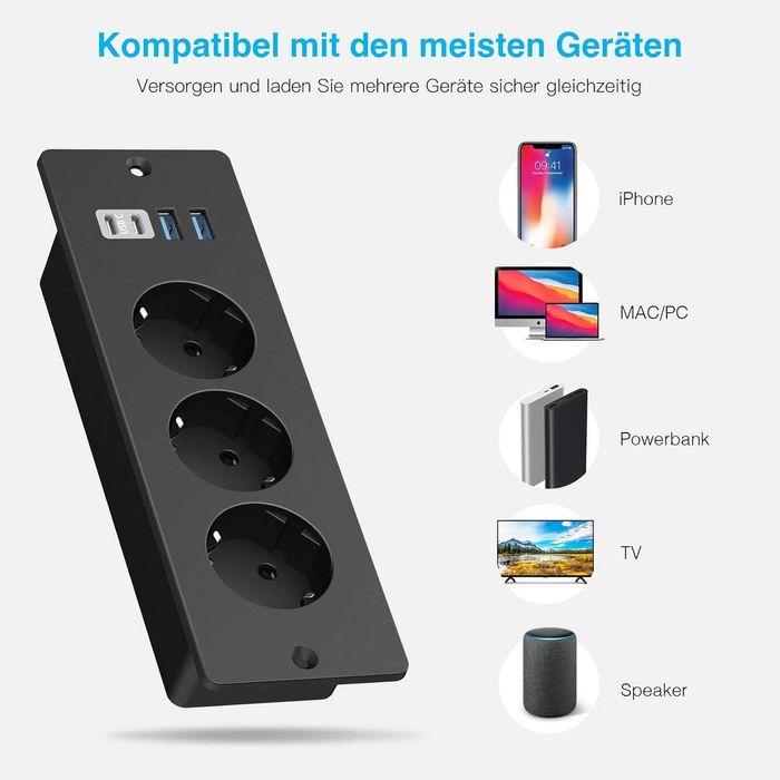 Listwa zasilająca z 3 gniazdami do zabudowy w blat. 2 port USB 2 Typ C