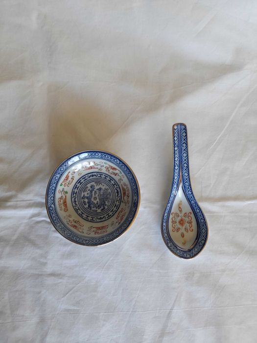Conjunto antigo taça e colher chinesa