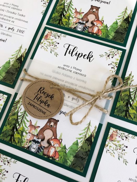 Zaproszenia na roczek urodziny urodzinowe chrzest leśne