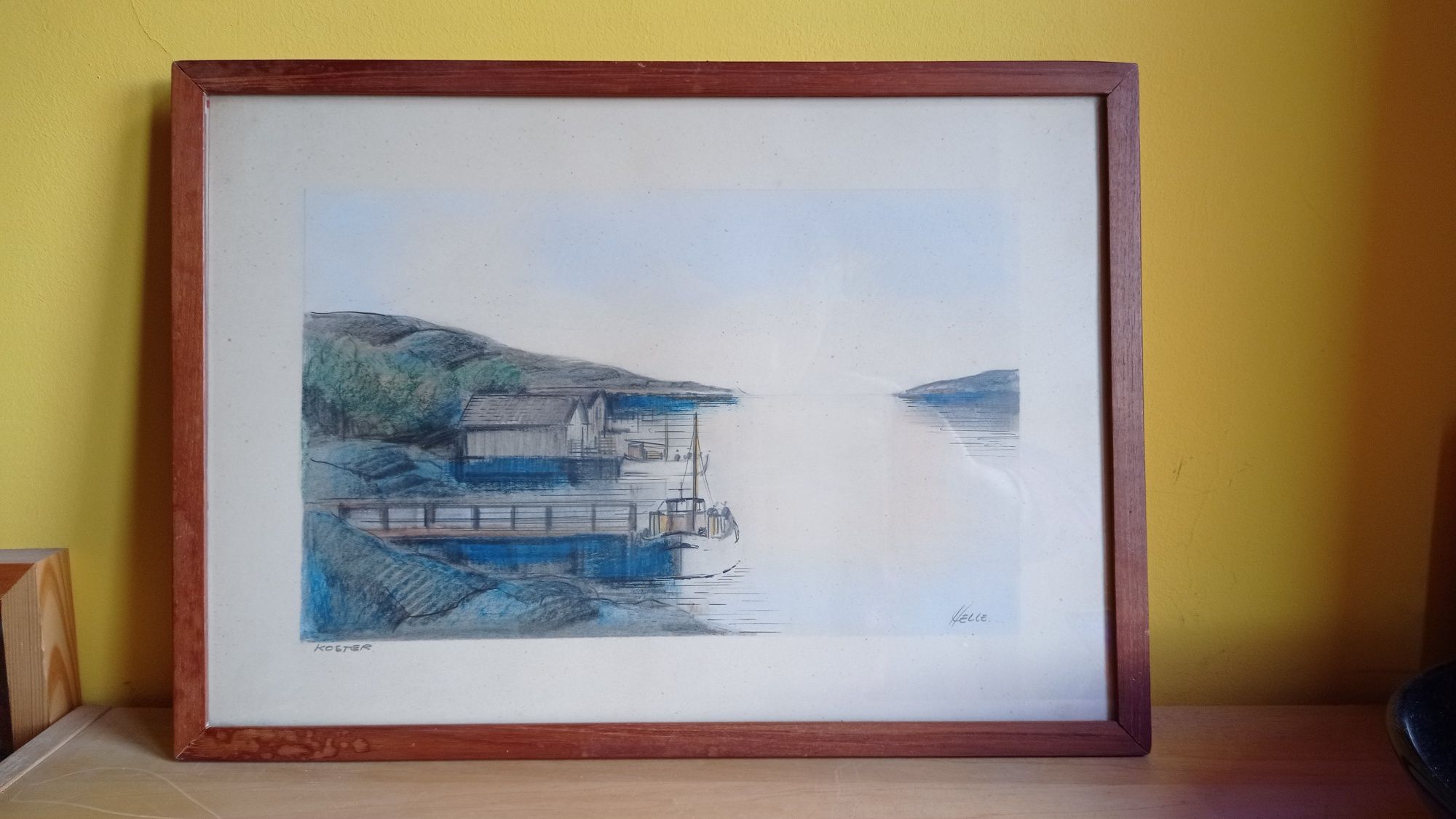Obraz Grafika Gwasz Kredka Orginał port łódka morze sygnowany Norway