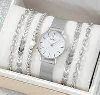 Nowy zestaw na prezent zegarek srebrny damski i zestaw bransoletek