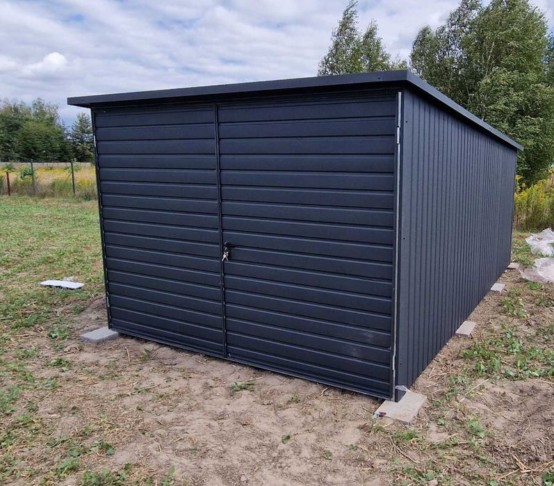 Garaż blaszany 3x5 grafit jednospadowy brama dwuskrzydłowa pion