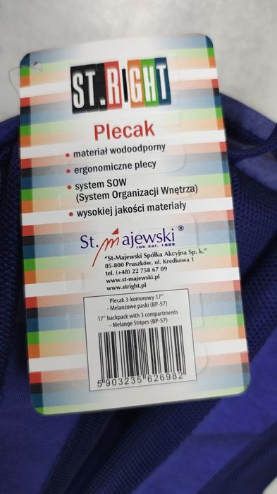 Plecak trzykomorowy. St. Right. Majewski. Nowy