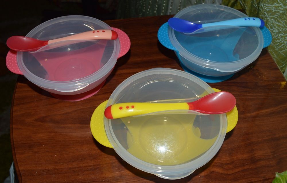 Детская посуда с термодатчиком, набор детской посуды на присоске