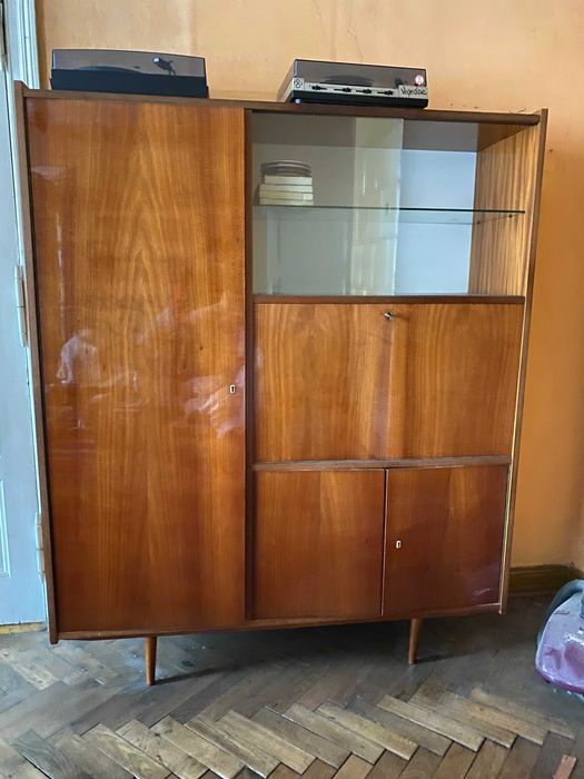 Komoda, regał z barkiem i szafą na ubrania PRL  na okrągłych nóżkach