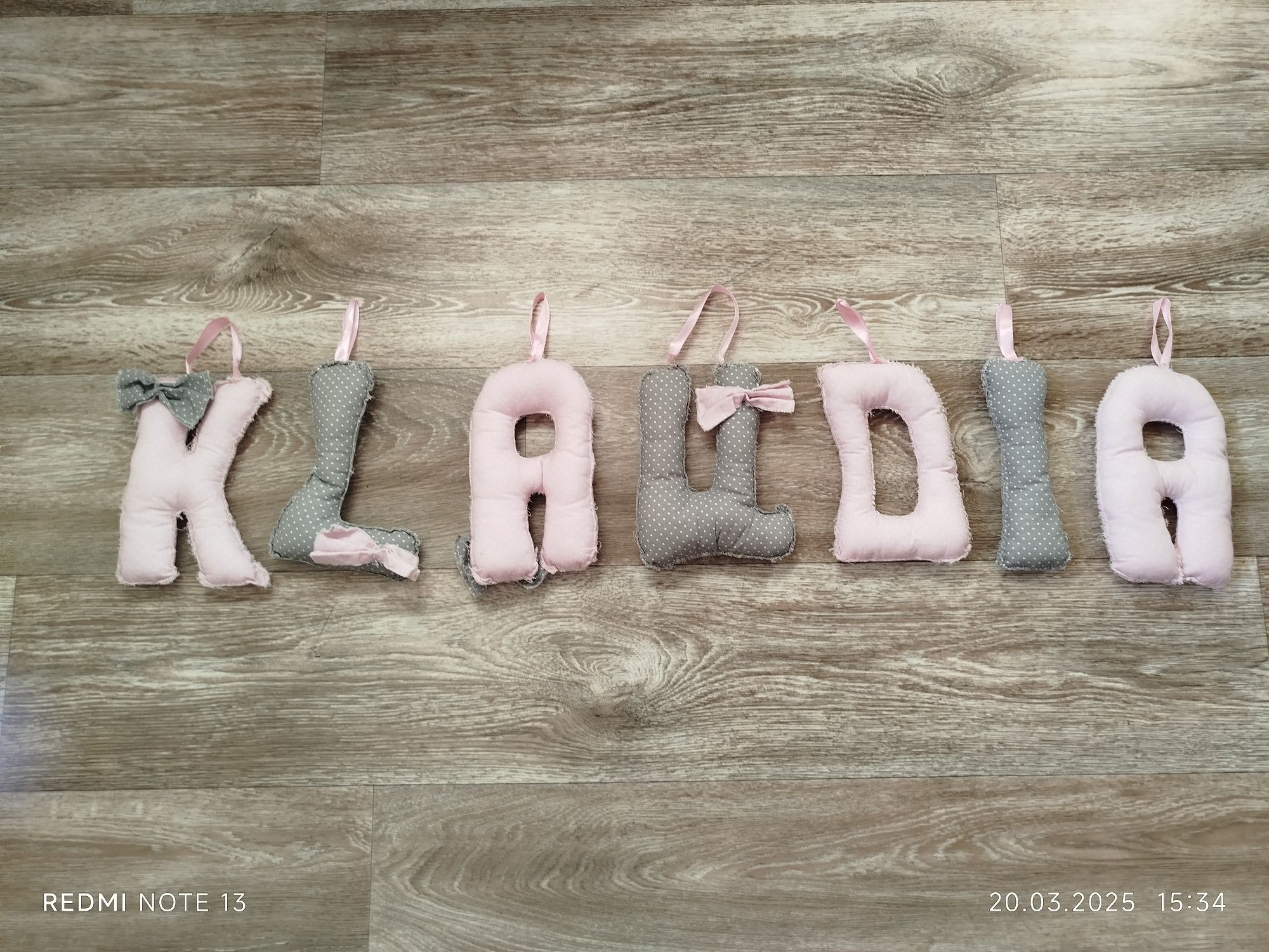 Klaudia imię z materiału całość szyte imię literki