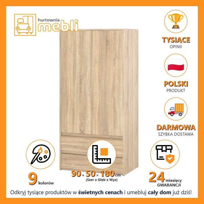 Nowoczesna Szafa Hugo 2 Szuflady Drążek Garderoba 80cm Do Sypialni