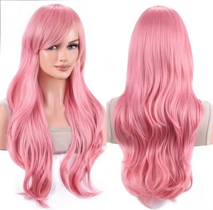 Peruka Włosy Długie Pasemka Różowe Falowane Kręcone Na Siatce