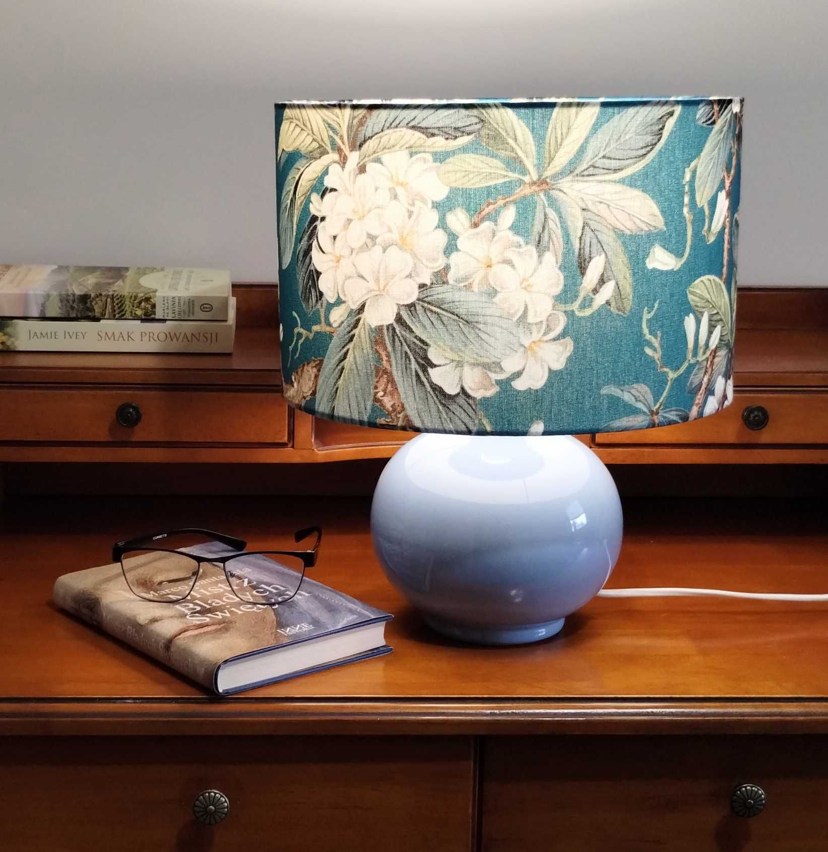 Lampa ceramiczna z abażurem z tkaniny "błękitna wiosna" wys 35cm