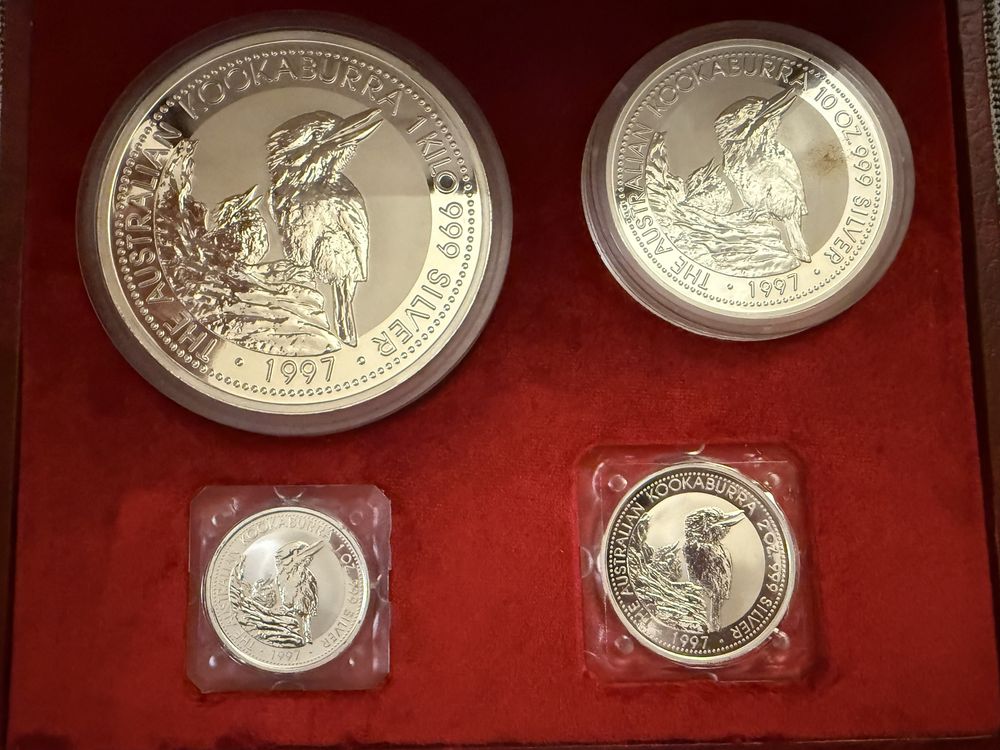 Estojo 4 moedas kookaburra 1997 prata fina (1 kilo, 10 oz, 2 oz, 1 oz)