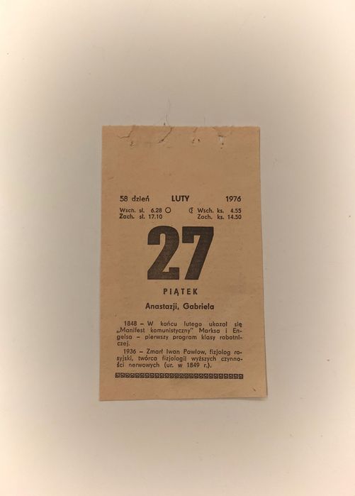 Kartka z kalendarza piątek 27 luty 1976r