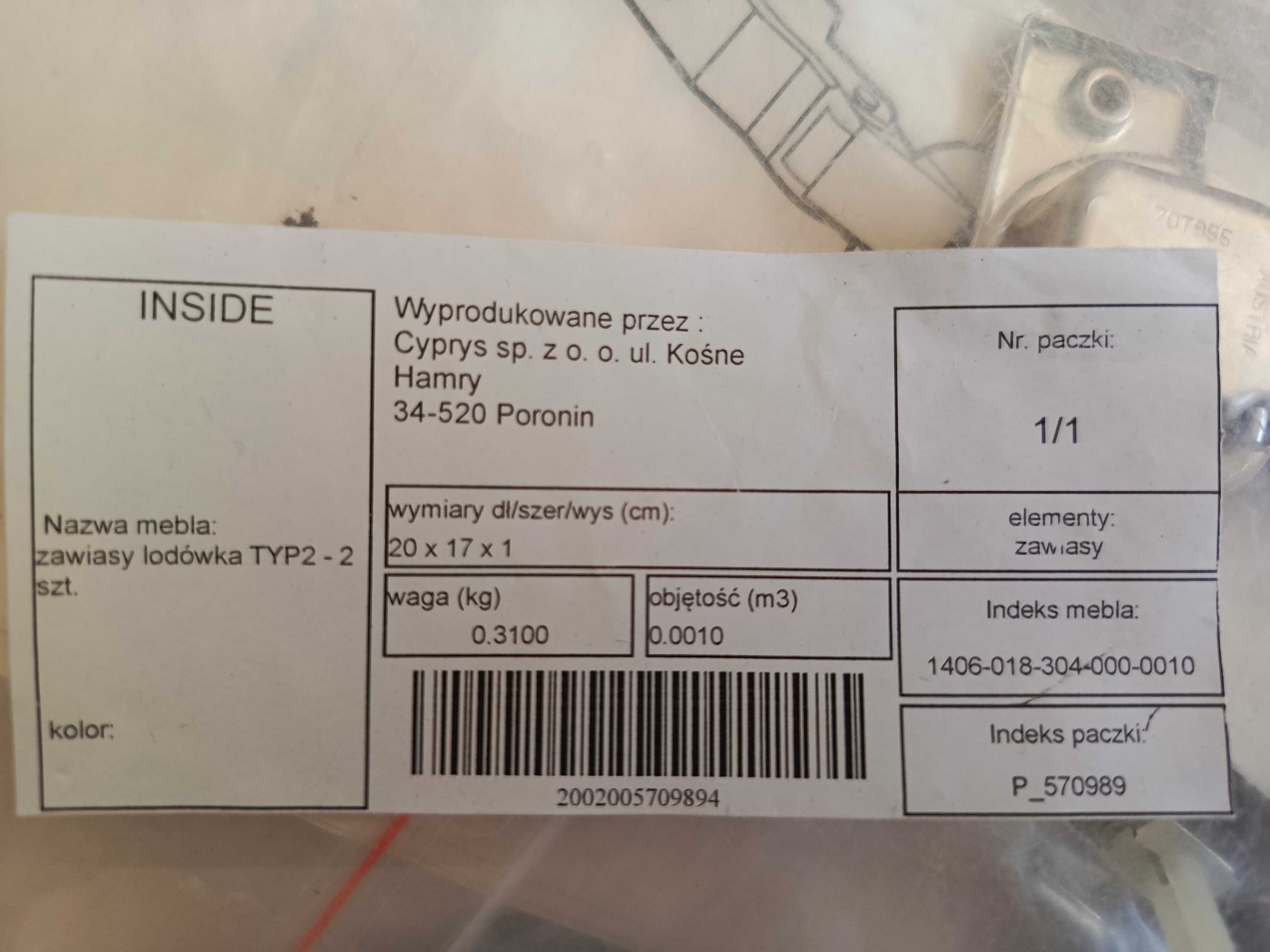 Zawiasy INSIDE, typ 2 do lodówki (komplet 2 szt.) 3 komplety