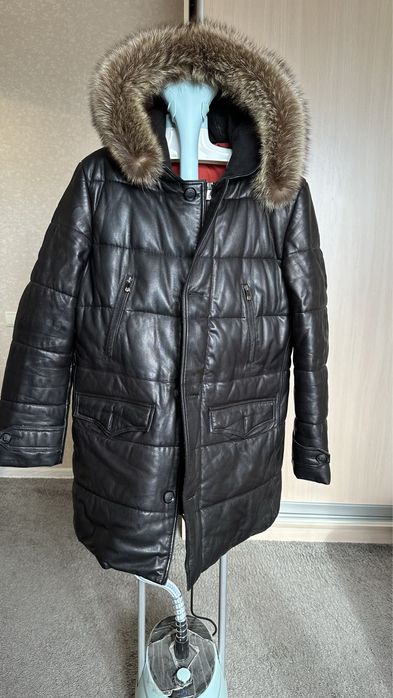 Кожаная парка куртка пуховик натуральный мех кожаный мужская