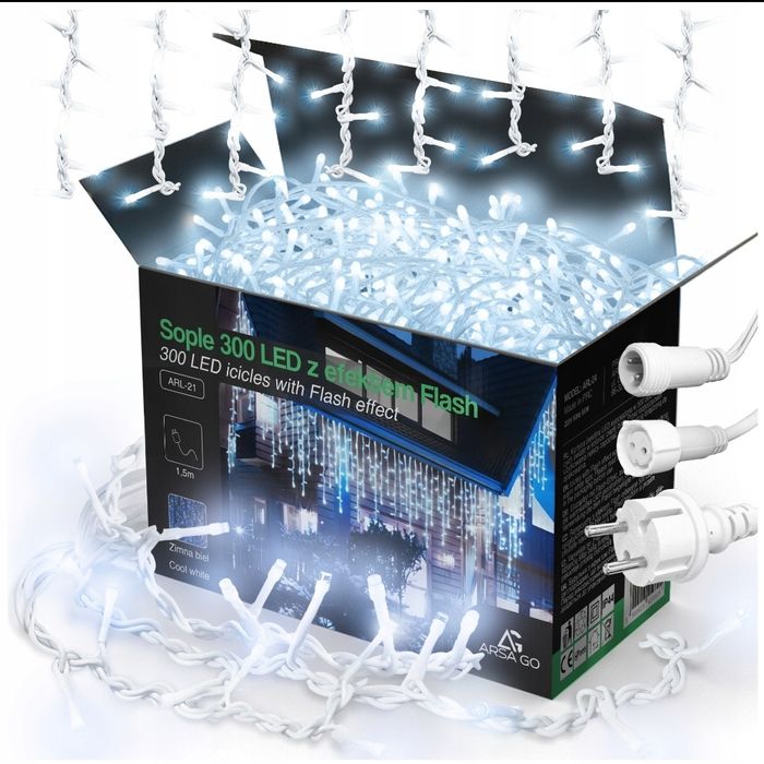 Sople LED 300 zimne 13,5m z efektem flash odporne IP44 kurtyna świetln