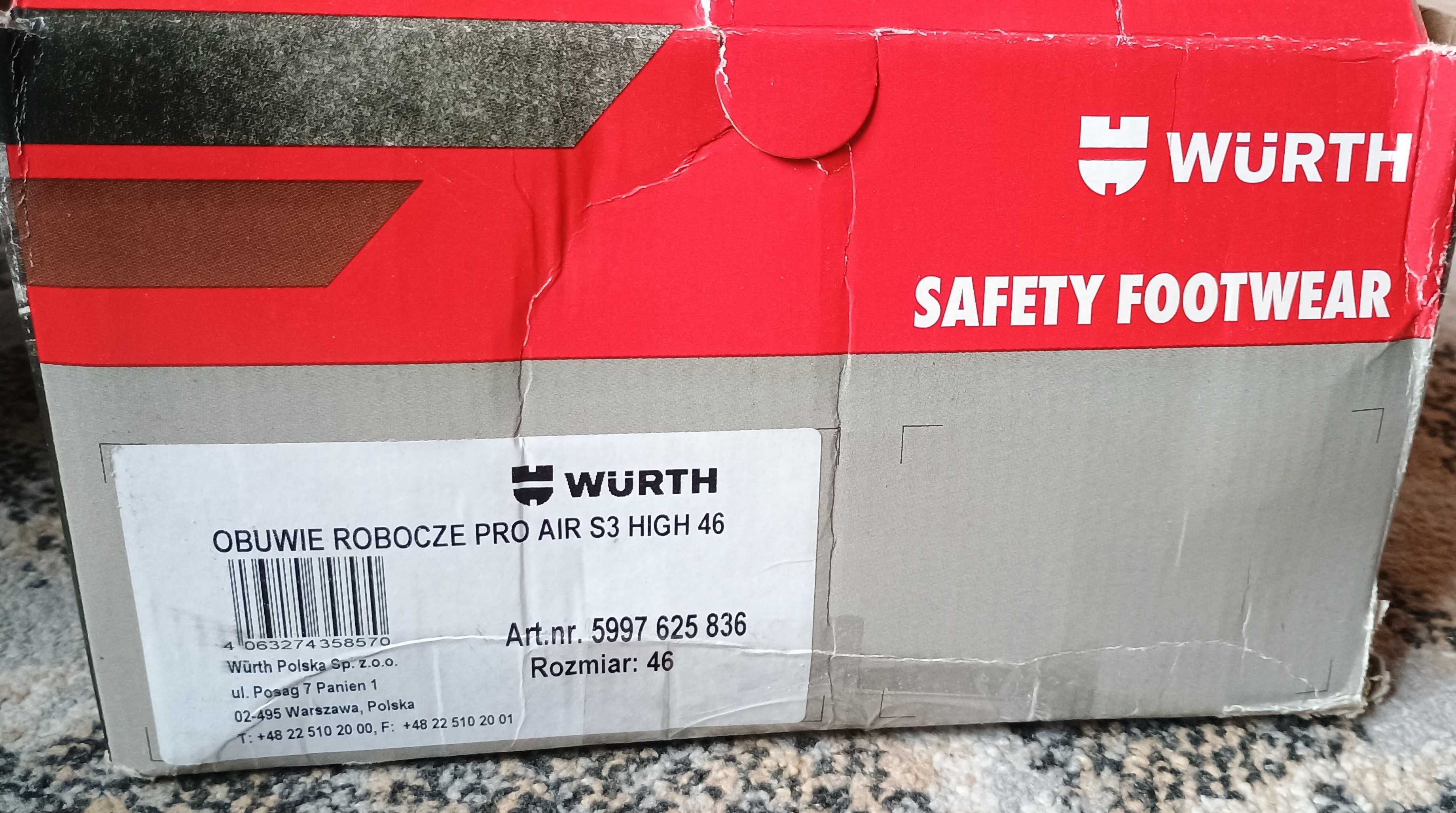 Buty Robocze Wysokie Oddychające Wytrzymałe PRO AIR S3 r. 46 WURTH