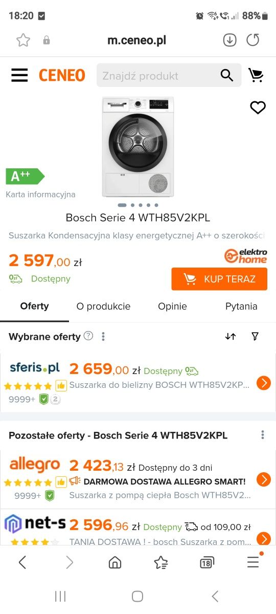 Suszarka BOSH  WTH85V2KPL OKAZJA! , 2 miesieczna- jak nowa