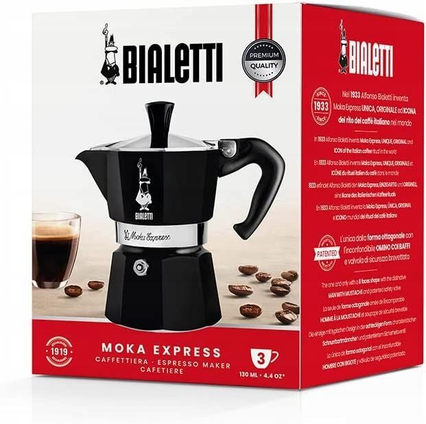 EKSKLUZYWNA Kawiarka Moka Express 3 espresso CZARNA 130ml BIALETTI