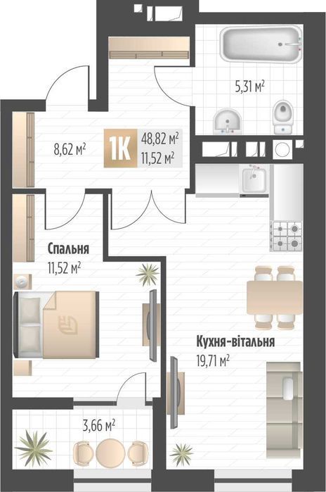 Продаж 1 кім. квартири SOUL PARK вул П. Орлика 48.82 кв.м