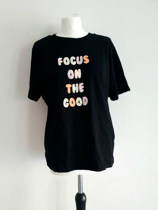 PRIMARK czarnt t-shirt napisy focus on the good L 40 m 38 s 36 bawełna