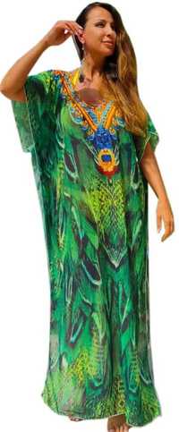 Włoska tunika BOHO PAREO plażowa sukienka panterka liście papuga XL