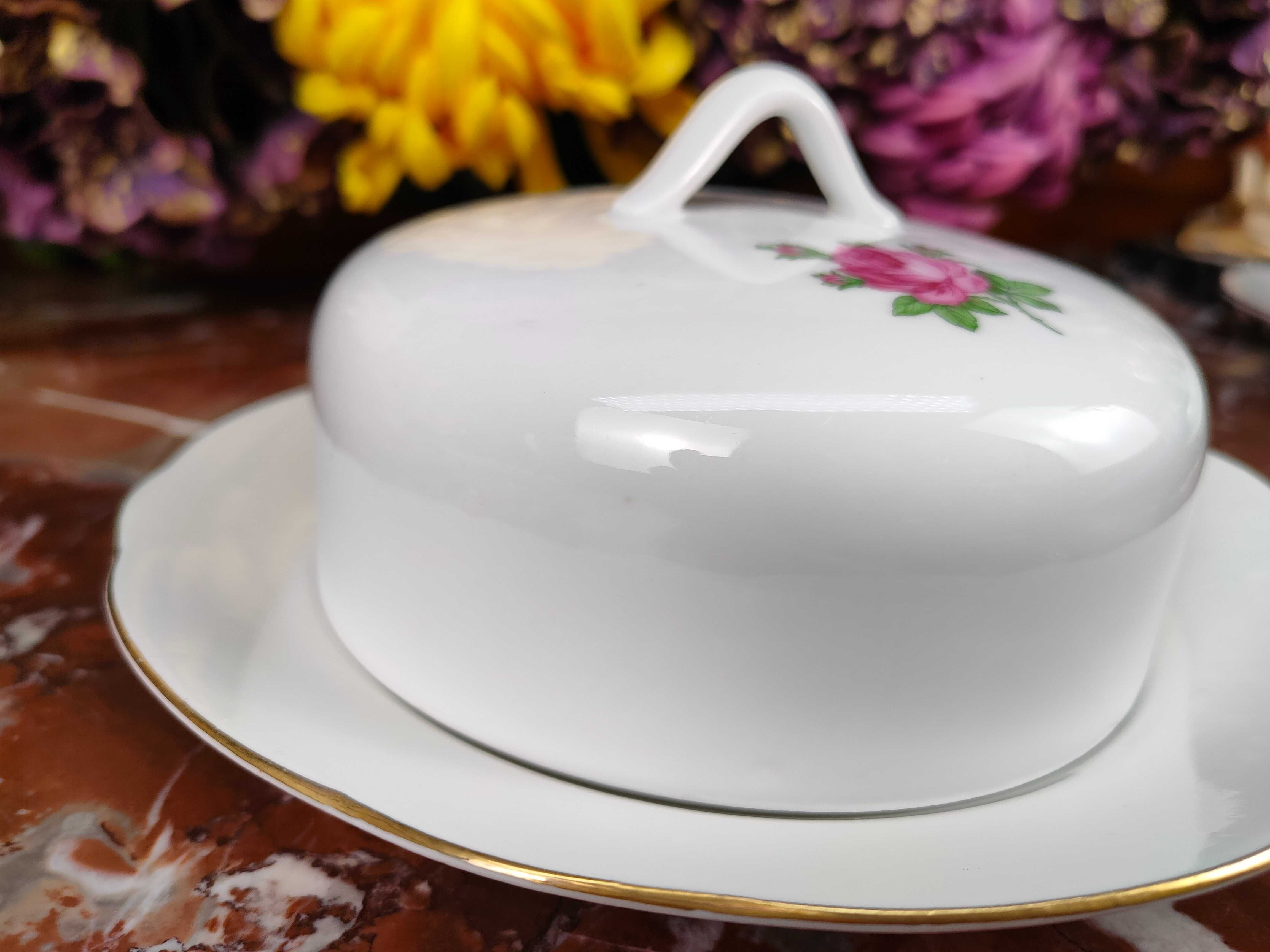 Ładna okrągła porcelanowa maselniczka - Różowe róże - Kahla #1