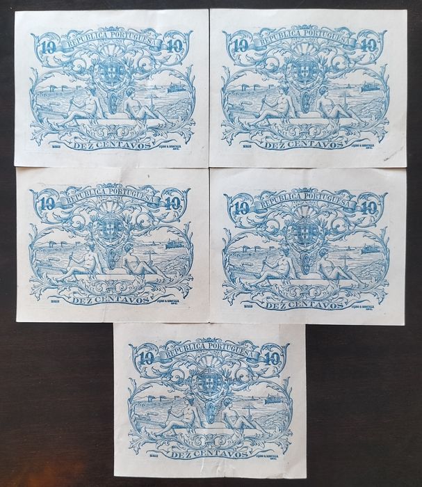Lote 5 Cédulas 10 Centavos 1917 Portugal Todas Mesma Série Novas EX