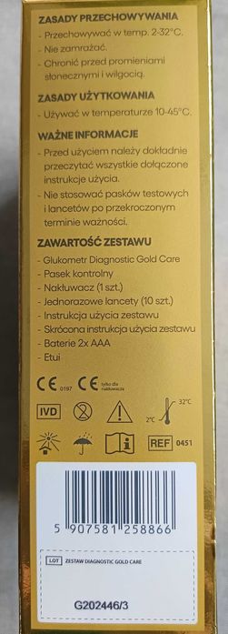 Glukometr DIAGNOSTIC GOLD CARE "Bluetooth"+ 2x50 szt pasków gratis POL