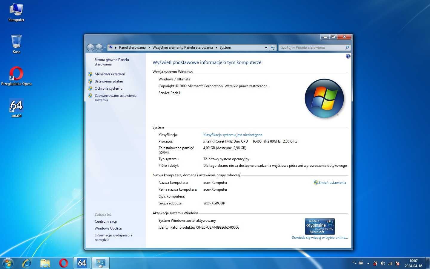 Acer Aspire 7730G 2x2gb,4gb,Hdd320gb win7