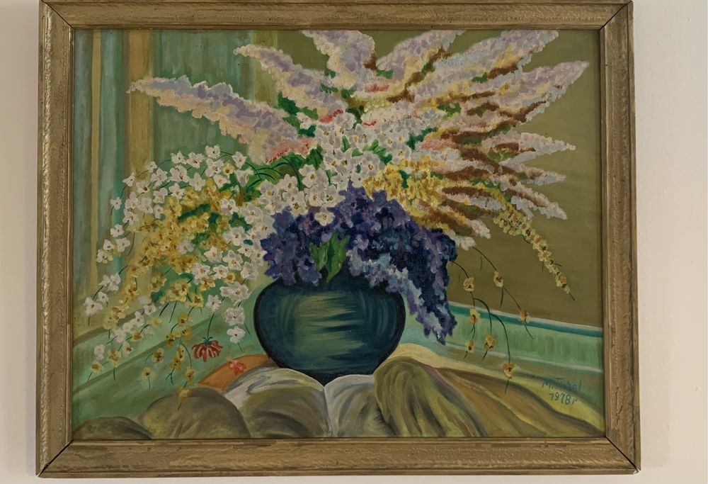 Obraz olejny z 1974 roku Kwiaty w wazonie TYBEL