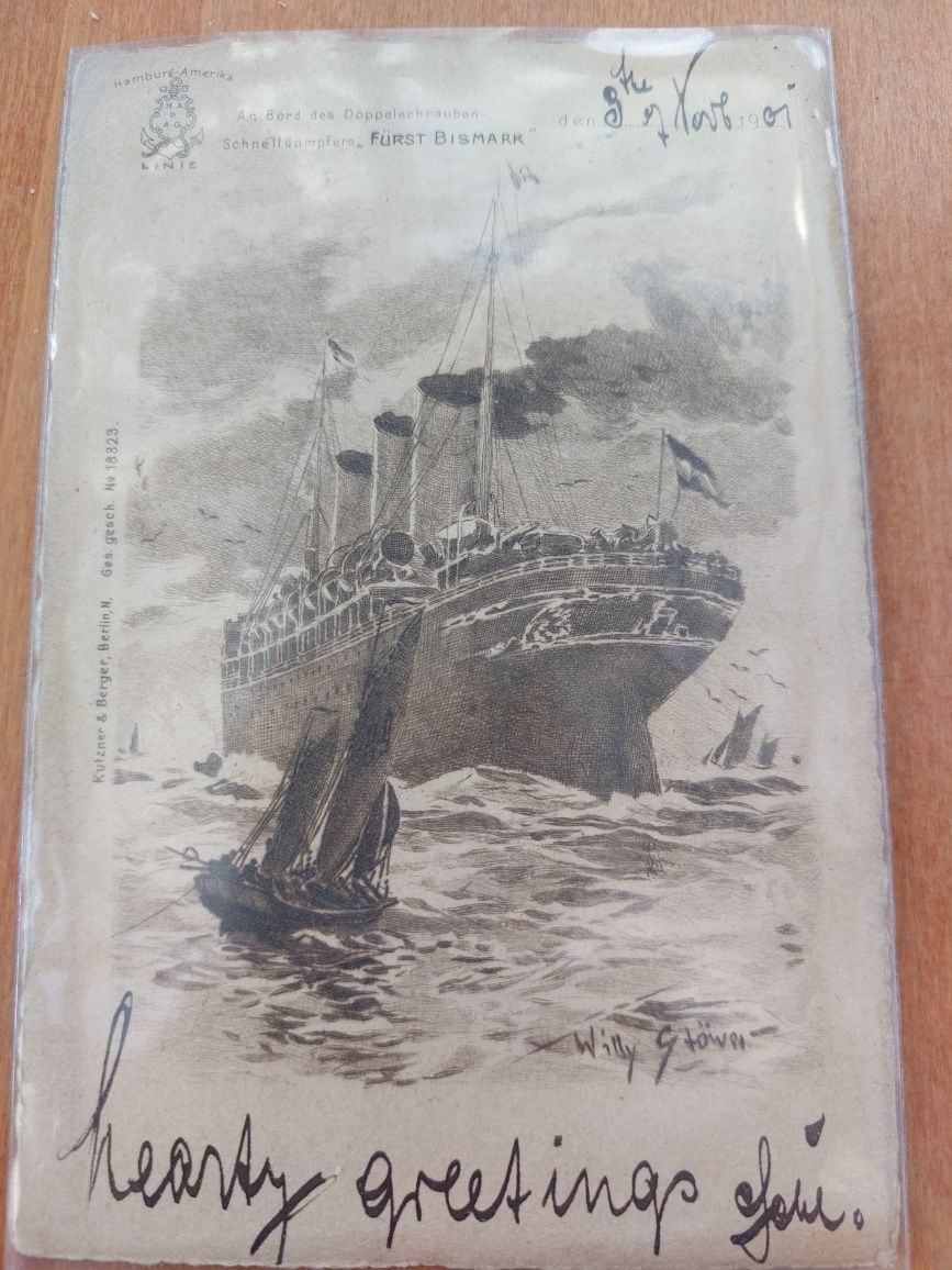 Kolekcja stara pocztowka 1901  Furst Bismark okręt parowiec