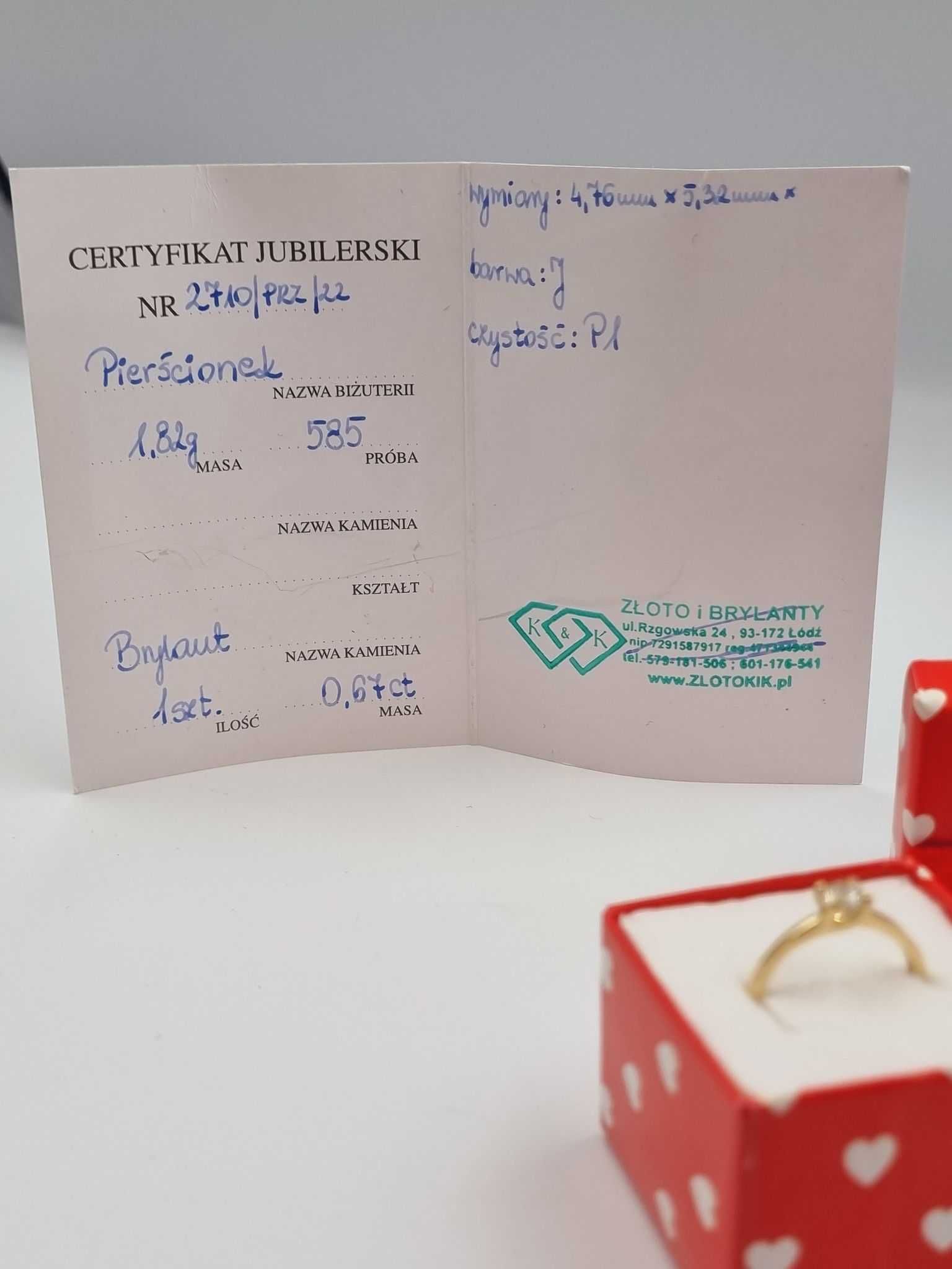 Pierścionek z brylantem 0,67ct / CERTYFIKAT!